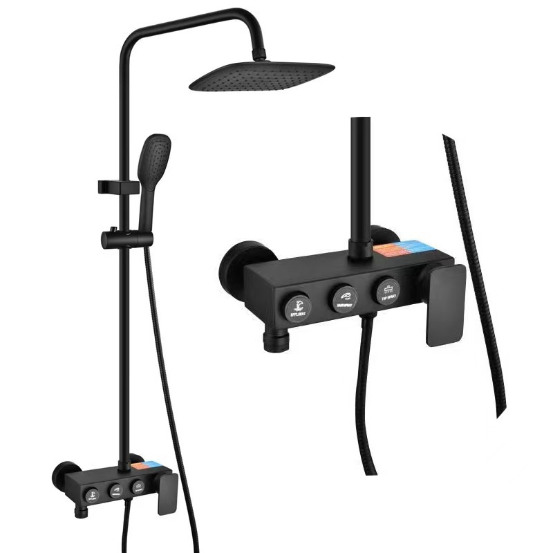 Tuš set od bakra, kišna funkcija, ugradbeni tip, okrugla tuš glava, model Black Button Third Gear