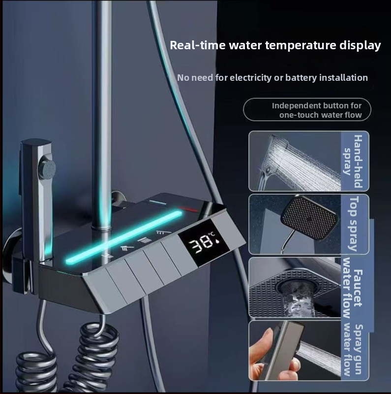 Tuš set - bakarno-legura, termostatska kontrola temperature uz digitalni zaslon, zidna montaža, kvadratna glava tuša