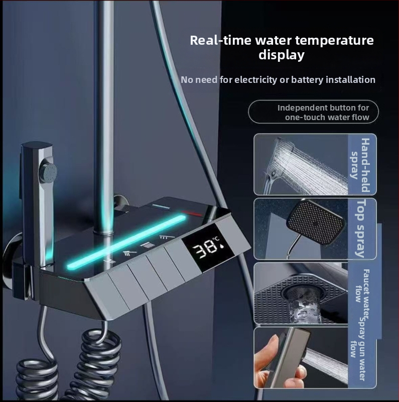 Tuš set - bakarno-legura, termostatska kontrola temperature uz digitalni zaslon, zidna montaža, kvadratna glava tuša