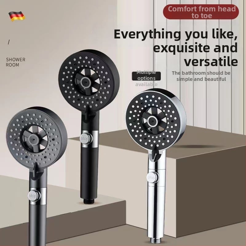 Kézi zuhanyfej ABS-ből, falra szerelhető, permetezés és esőzuhany funkciókkal, kerek formájú, modern minimalist stílus, modell Öt sebességű zuhany