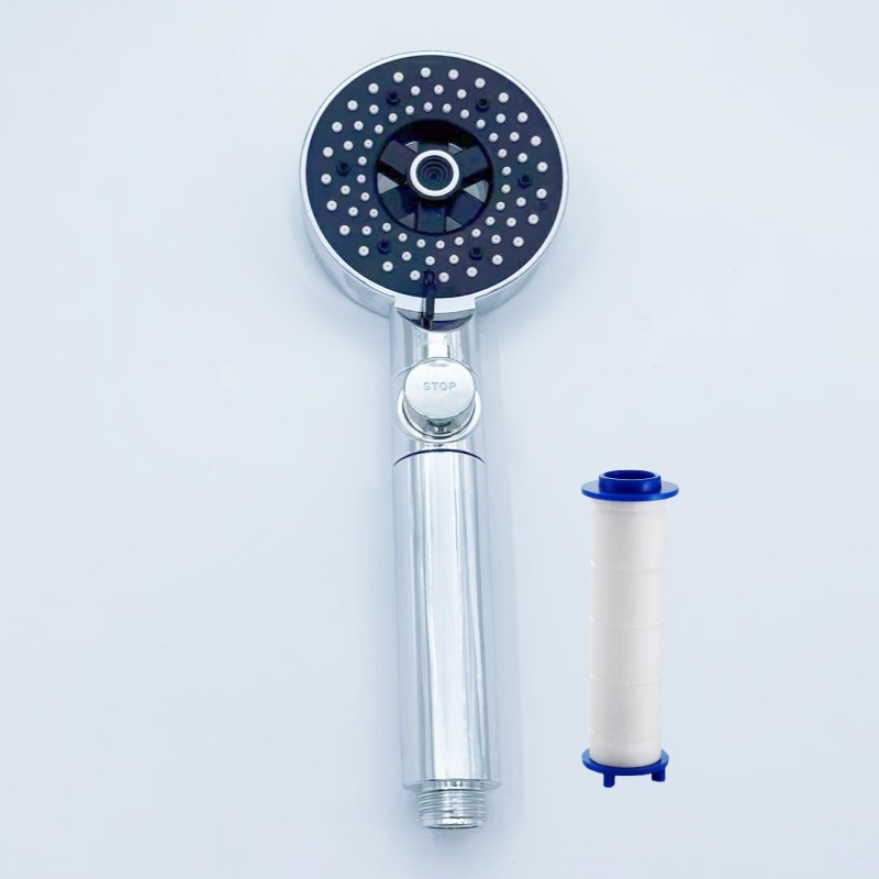 Kézi zuhanyfej ABS-ből, falra szerelhető, permetezés és esőzuhany funkciókkal, kerek formájú, modern minimalist stílus, modell Öt sebességű zuhany