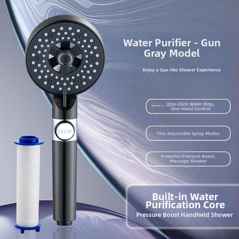 Kézi zuhanyfej ABS-ből, falra szerelhető, permetezés és esőzuhany funkciókkal, kerek formájú, modern minimalist stílus, modell Öt sebességű zuhany