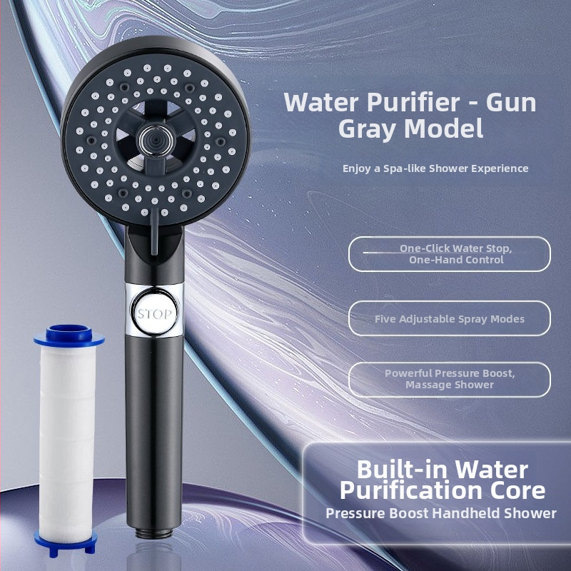 Kézi zuhanyfej ABS-ből, falra szerelhető, permetezés és esőzuhany funkciókkal, kerek formájú, modern minimalist stílus, modell Öt sebességű zuhany