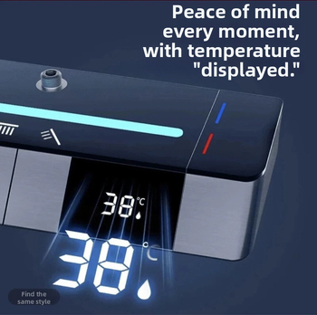 Zuhanykészlet hőmérséklet-szabályozással, LED környezeti fénnyel és krómozott rézötvözet testtel