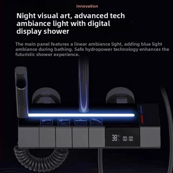 Zuhanykészlet hőmérséklet-szabályozással, LED környezeti fénnyel és krómozott rézötvözet testtel