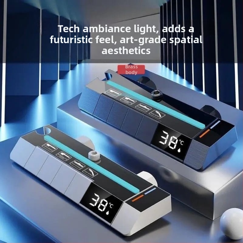 Zuhanykészlet hőmérséklet-szabályozással, LED környezeti fénnyel és krómozott rézötvözet testtel