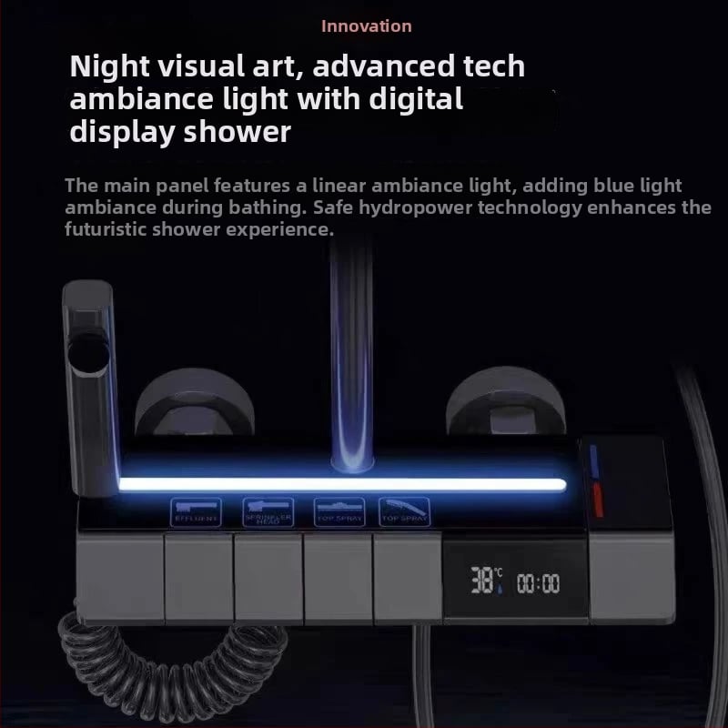 Zuhanykészlet hőmérséklet-szabályozással, LED környezeti fénnyel és krómozott rézötvözet testtel