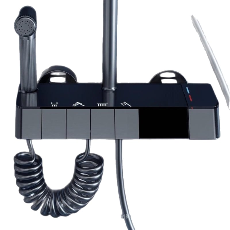 Zuhanykészlet hőmérséklet-szabályozással, LED környezeti fénnyel és krómozott rézötvözet testtel