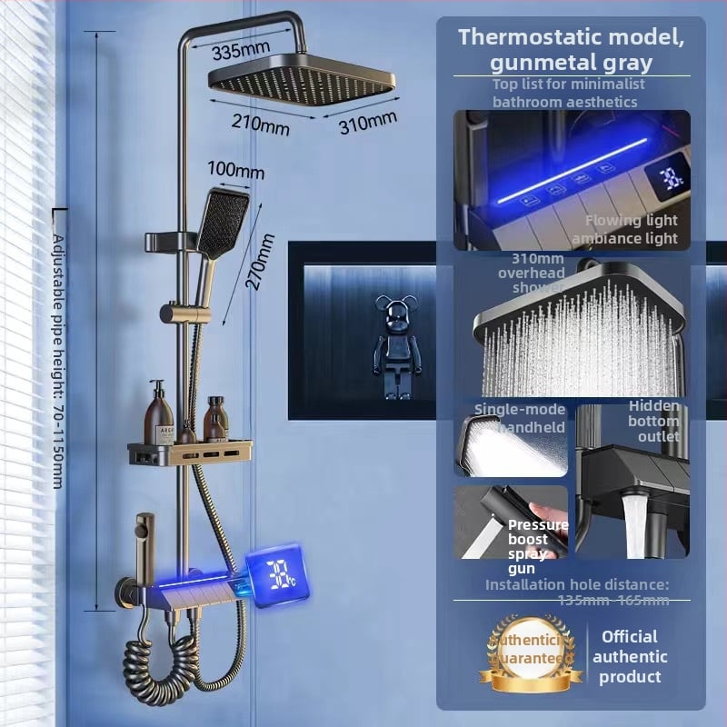 Zuhanykészlet hőmérséklet-szabályozással, LED környezeti fénnyel és krómozott rézötvözet testtel