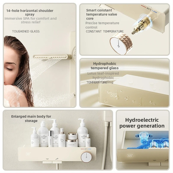 Set de duș montat pe perete, din cupru, cu jet, masaj, controlul temperaturii, LED, ploaie, 0–90°C, 1.0 MPa, model Z4