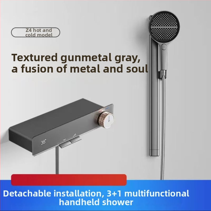 Set de duș montat pe perete, din cupru, cu jet, masaj, controlul temperaturii, LED, ploaie, 0–90°C, 1.0 MPa, model Z4