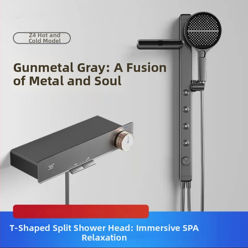 Set de duș montat pe perete, din cupru, cu jet, masaj, controlul temperaturii, LED, ploaie, 0–90°C, 1.0 MPa, model Z4