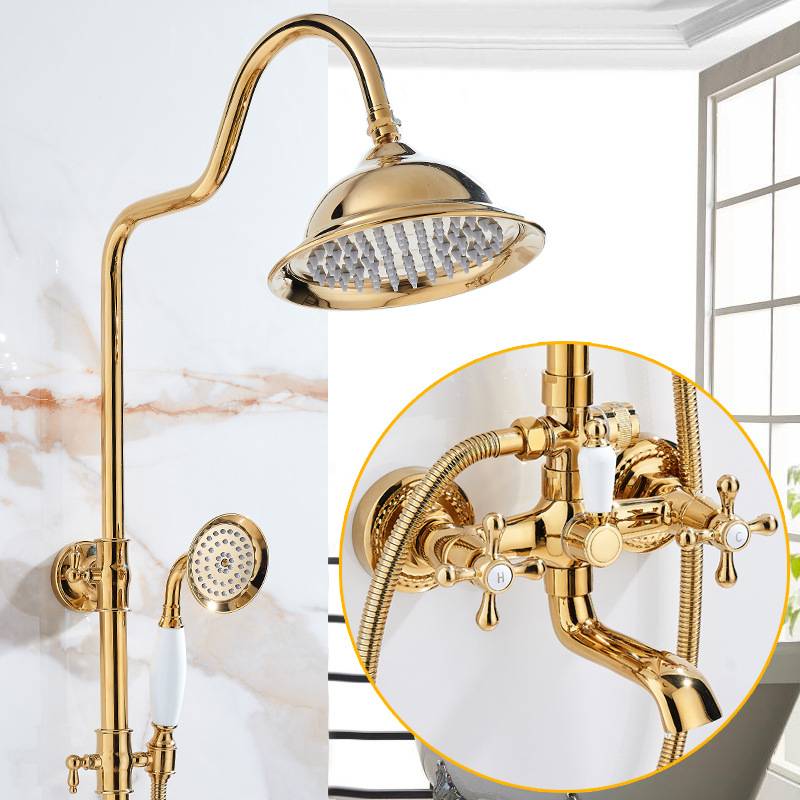 Set de duș, corp din cupru, stil francez, controlul temperaturii, ploaie, montare pe perete