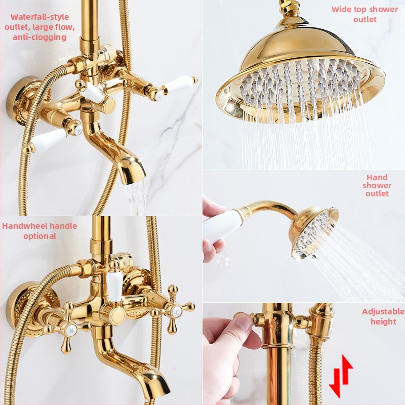 Set de duș, corp din cupru, stil francez, controlul temperaturii, ploaie, montare pe perete