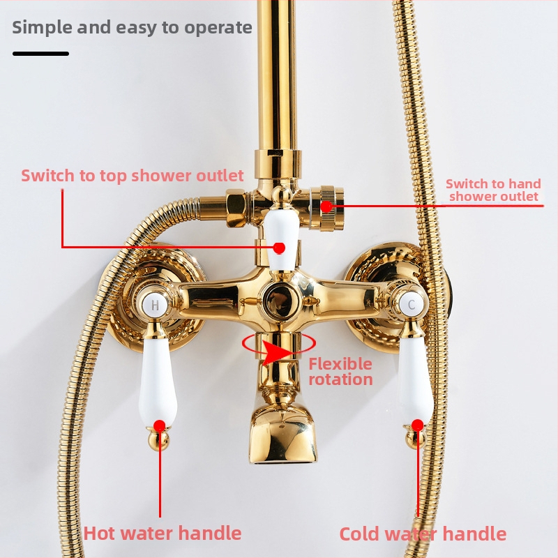 Set de duș, corp din cupru, stil francez, controlul temperaturii, ploaie, montare pe perete