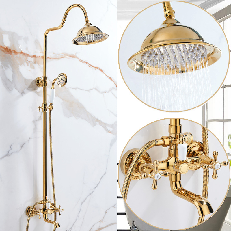 Set de duș, corp din cupru, stil francez, controlul temperaturii, ploaie, montare pe perete
