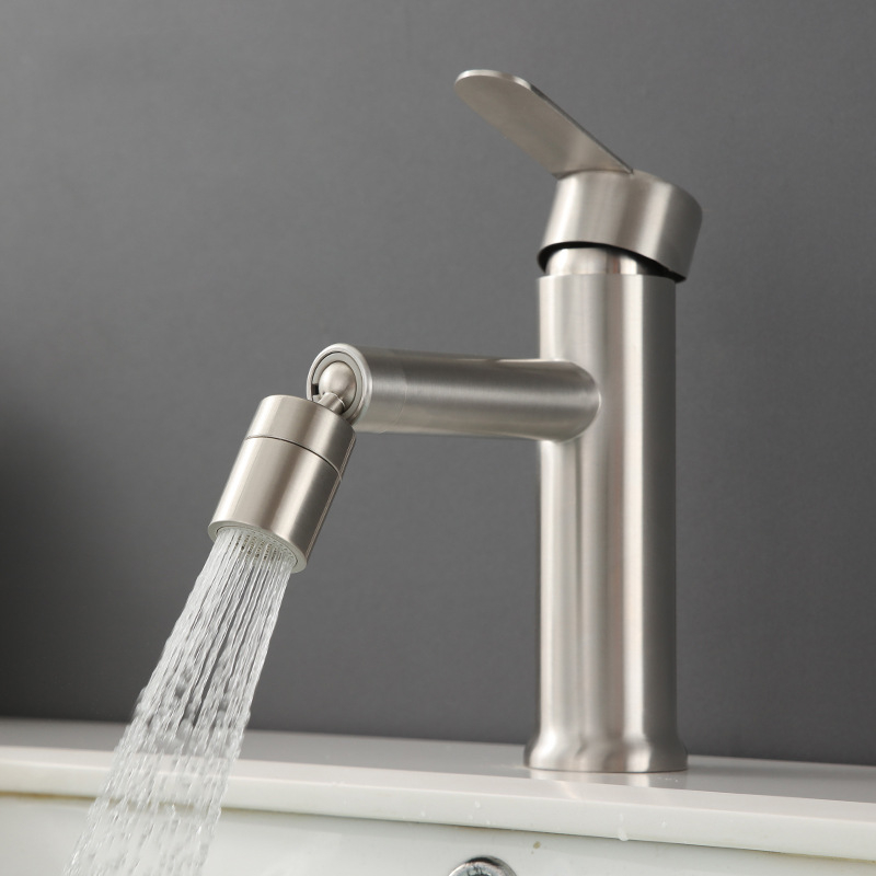 Baterie de chiuvetă pentru baie, din oțel inoxidabil SUS304, rotativă, cu apă caldă și rece, cartuș ceramic, tip ridicare, construcție cu articulație unică