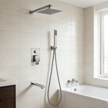 Set de duș încastrat în perete, cu cap de duș pătrat tip ploaie, din cupru, rotativ, control dual cald/rece