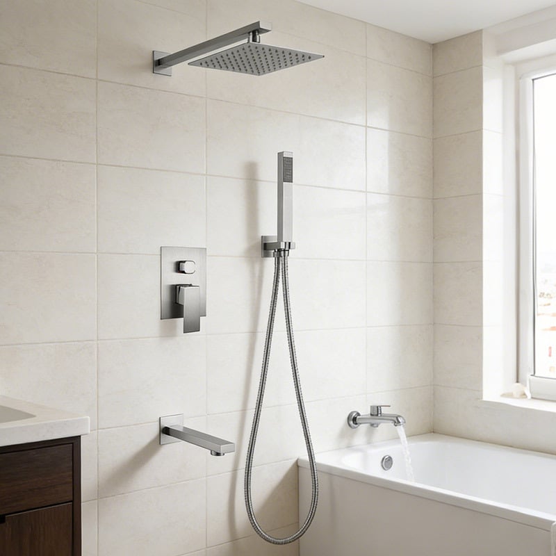 Set de duș încastrat în perete, cu cap de duș pătrat tip ploaie, din cupru, rotativ, control dual cald/rece