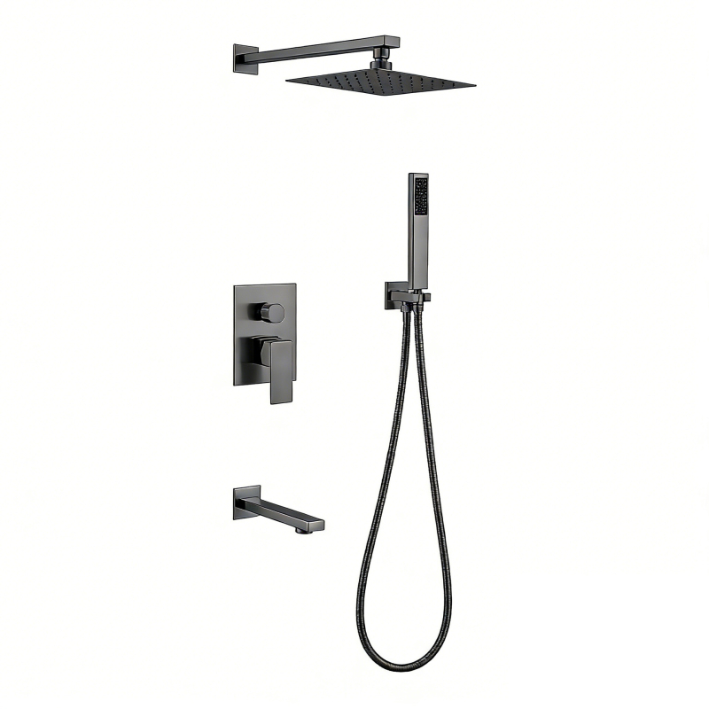 Set de duș încastrat în perete, cu cap de duș pătrat tip ploaie, din cupru, rotativ, control dual cald/rece