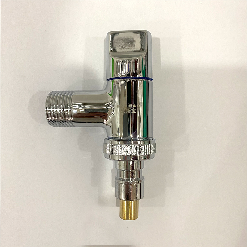 Mini slavina za perilicu rublja, kratka, univerzalni navoj 1/2''-3/4'', zaštita od slučajnog ispadanja, automatsko zatvaranje vode; materijal bakar; promjer ulaza/izlaza 15 mm; nazivni tlak 0.8 MPa; jezgro ventila od bakra