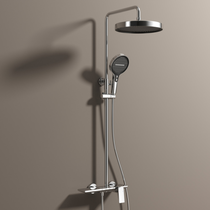 Медна душ-система за баня, функции дъжд и струя, повърхностен монтаж, дъждовен душ, хромирано покритие