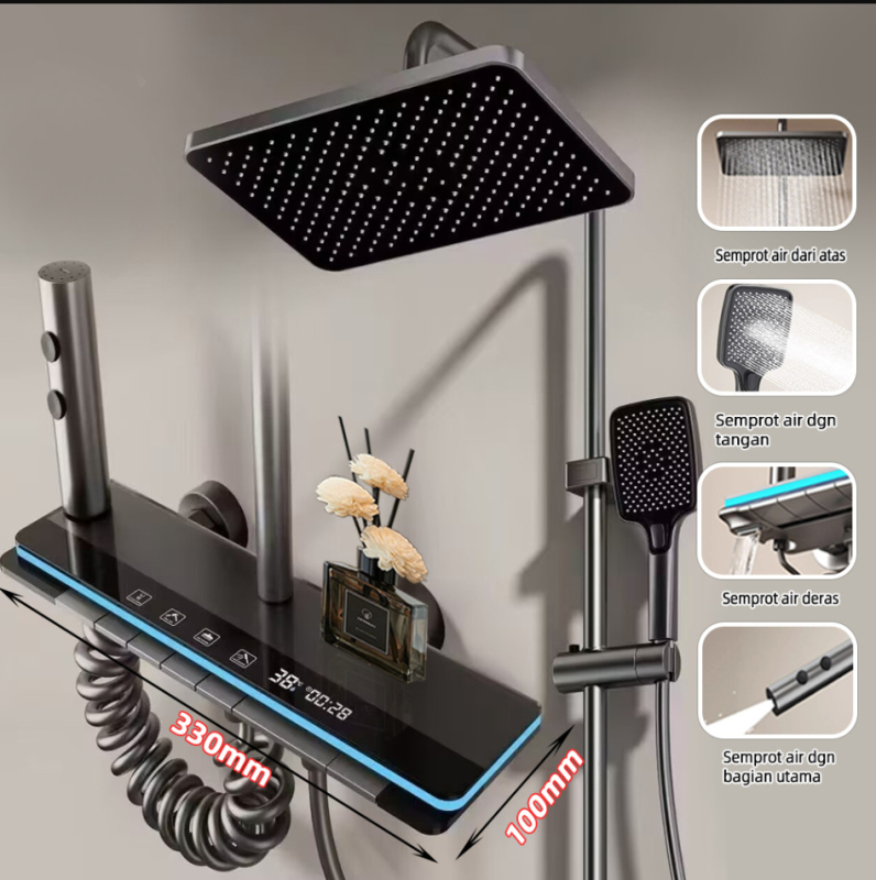 Tuš set s kvadratnom glavom kiše i digitalnim zaslonom (Space aluminij, kontrola temperature, LED atmosfersko svjetlo, montaža na zid)