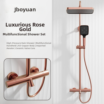 Bakreni tuš set, zidni montaža, kvadratna glava tuša, kromirana površina, gornji mlaz, kontrola temperature, kišna funkcija, radna temperatura 40°C, normalni tlak, model 212334