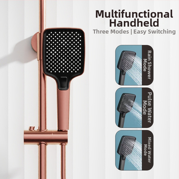 Bakreni tuš set, zidni montaža, kvadratna glava tuša, kromirana površina, gornji mlaz, kontrola temperature, kišna funkcija, radna temperatura 40°C, normalni tlak, model 212334