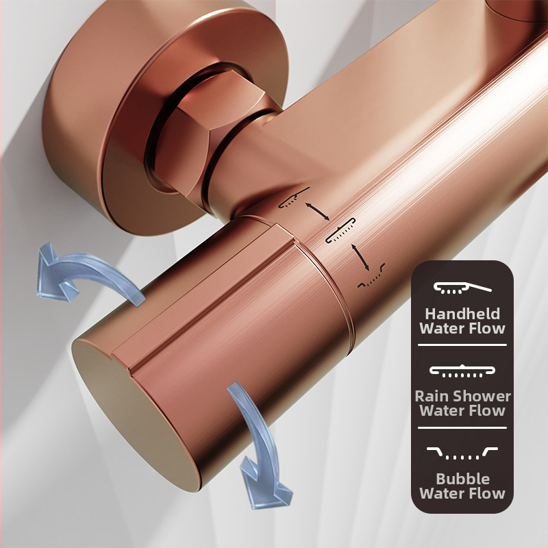 Bakreni tuš set, zidni montaža, kvadratna glava tuša, kromirana površina, gornji mlaz, kontrola temperature, kišna funkcija, radna temperatura 40°C, normalni tlak, model 212334