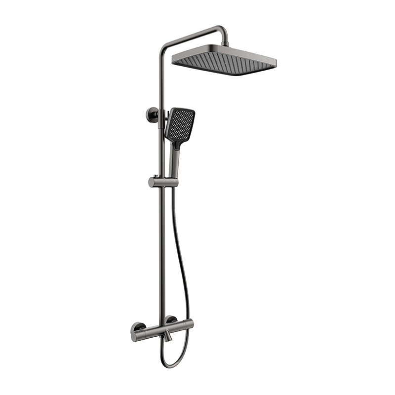 Bakreni tuš set, zidni montaža, kvadratna glava tuša, kromirana površina, gornji mlaz, kontrola temperature, kišna funkcija, radna temperatura 40°C, normalni tlak, model 212334