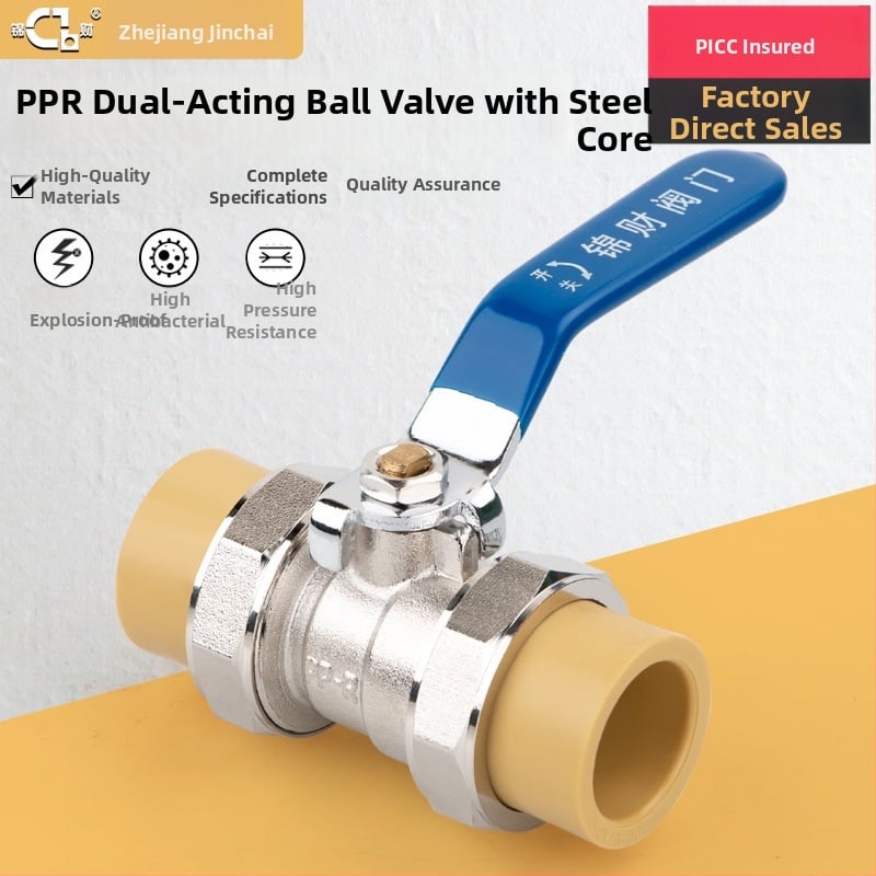 PPR rúrkové fitingy guľový ventil s meďovým telom — materiál: PPR+meď; hrúbka steny: národný štandard; teplota: normálna; tlak: normálny