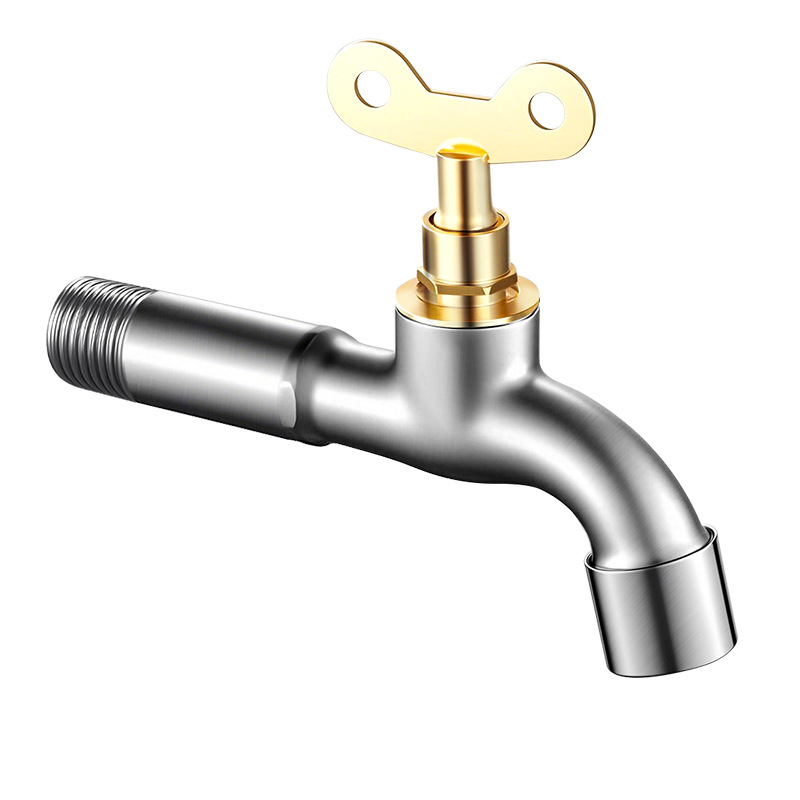 Nehrđajući čelični zidni faucet s ključem, produženi dizajn, za perilicu rublja i vanjsku uporabu — model JSP000; 4-dijelni navojni spoj; keramički disk ventil; pogodno i za unutarnje i za vanjske prostore; brušeni završni sloj.