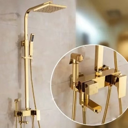 Tuš set za zidni montažu, skriven stup, četvrtasti kišni tuš, bakreno tijelo, kontrola temperature