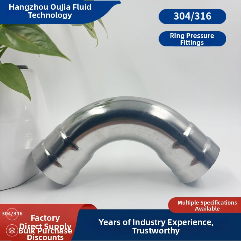 Nerezová oceľ 90° koleno s rovnakým priemerom, GB/T33926, hrúbka steny 0,8 mm, hrúbka potrubia 0,8–3,0 mm, hmotnosť 100 g