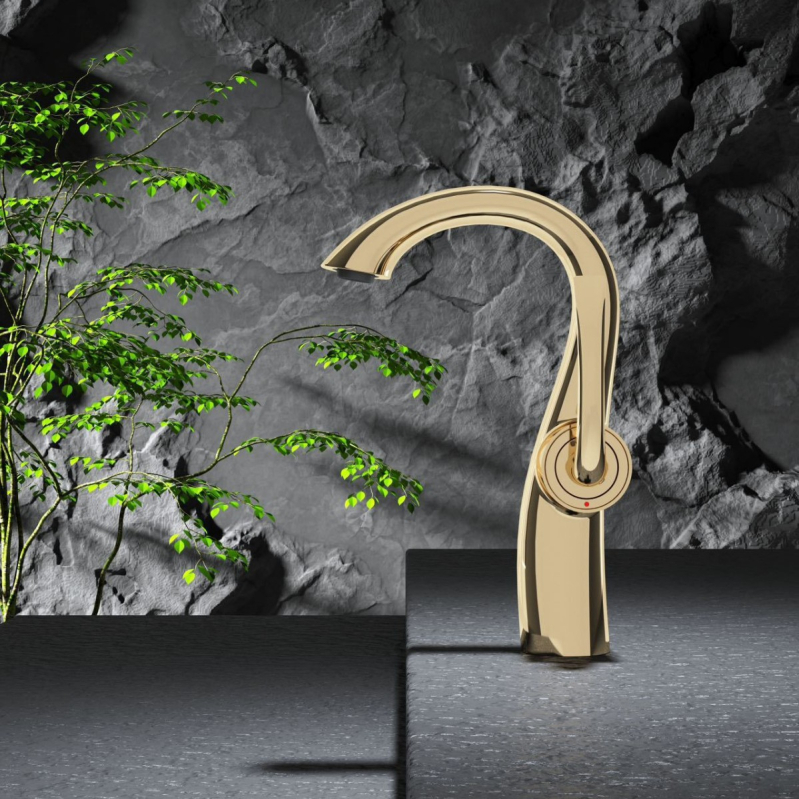 Robinet chiuvetă baie, stil lebădă, corp din cupru, miez ceramic disc, acționare prin ridicare, design modern minimalist