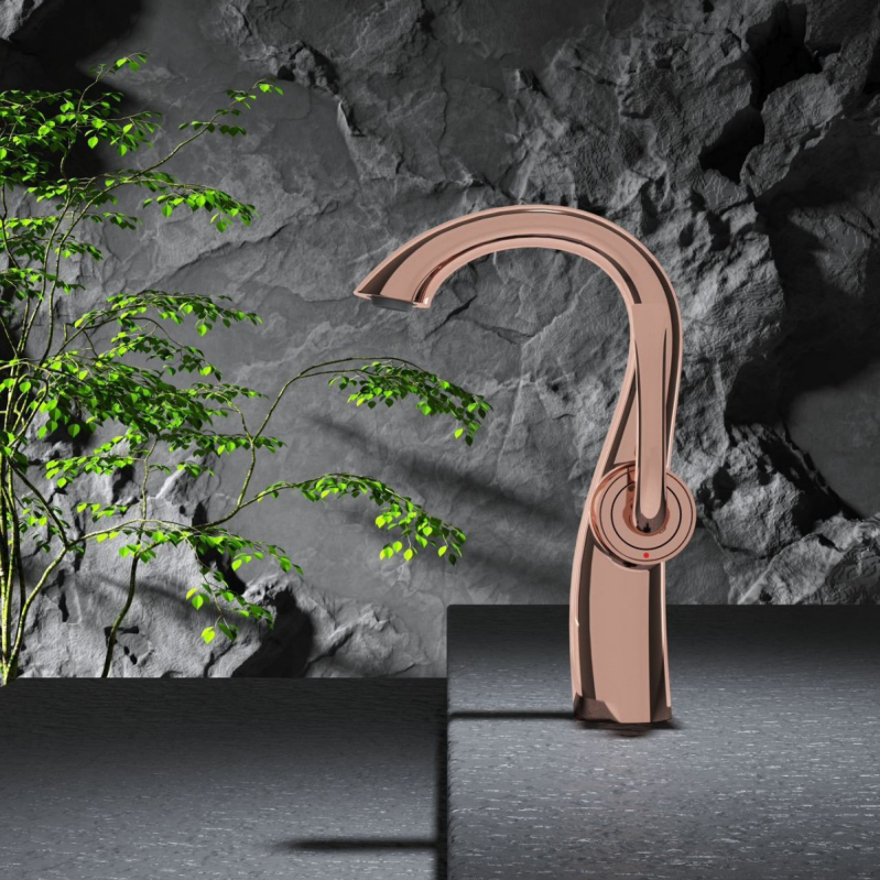 Robinet chiuvetă baie, stil lebădă, corp din cupru, miez ceramic disc, acționare prin ridicare, design modern minimalist