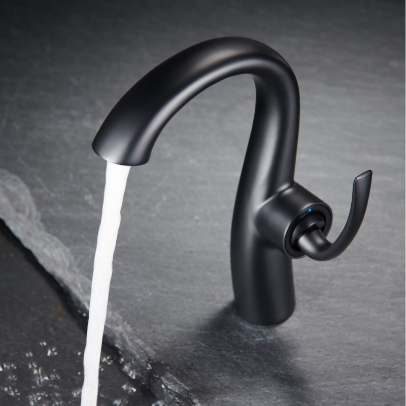 Robinet chiuvetă baie, stil lebădă, corp din cupru, miez ceramic disc, acționare prin ridicare, design modern minimalist