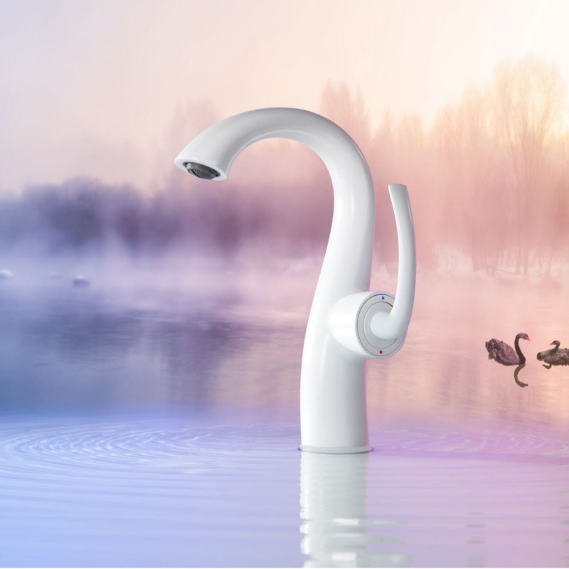 Robinet chiuvetă baie, stil lebădă, corp din cupru, miez ceramic disc, acționare prin ridicare, design modern minimalist