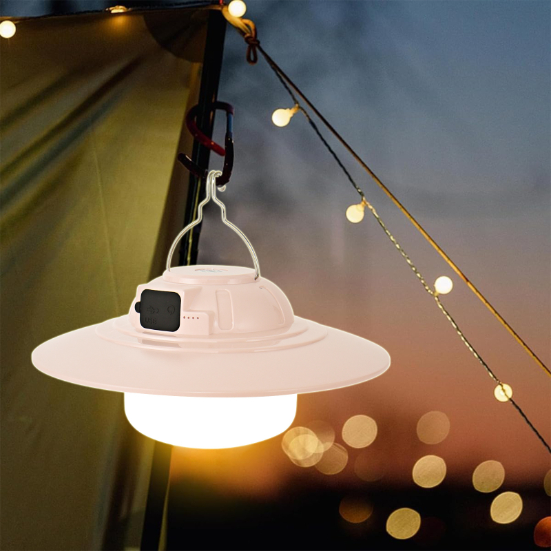 Lampa LED UFO pentru camping, reîncărcabilă, iluminare ambientală pentru cort, 3.7V, 5–25W, întrerupător tactil