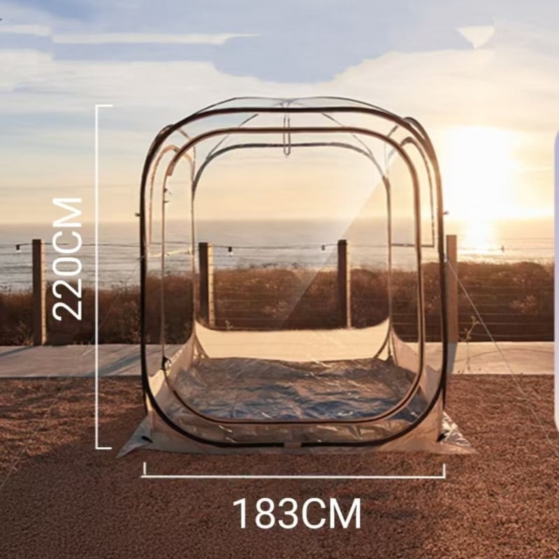 Átlátszó PVC sátor kültéri kempingezéshez, 360° panoráma kilátás, egyrétegű konstrukció, üvegszálas pálcák, PVC belső, Oxford külső, kapacitás 1–4 személy