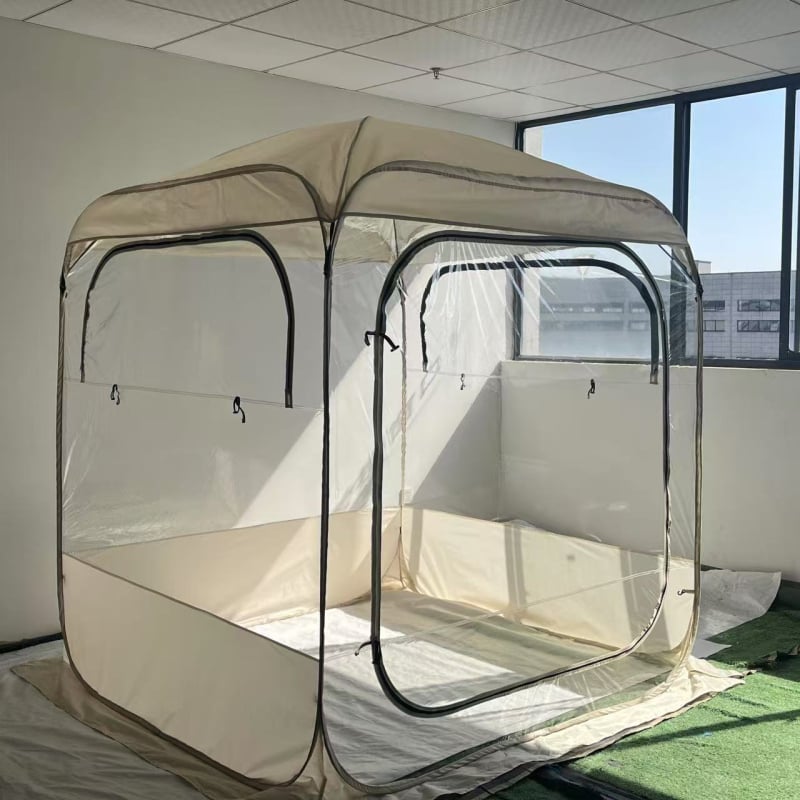 Átlátszó PVC sátor kültéri kempingezéshez, 360° panoráma kilátás, egyrétegű konstrukció, üvegszálas pálcák, PVC belső, Oxford külső, kapacitás 1–4 személy