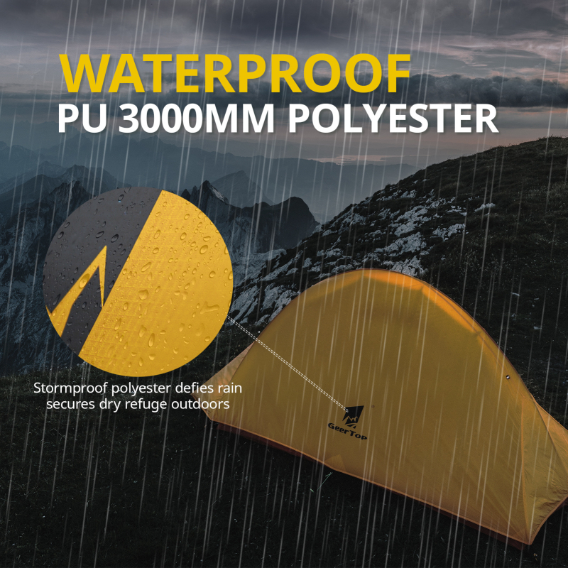 Geertop planinarski šator, dvostrukog sloja, četiri sezone vodootporan (vanjski 2000–3000 mm, pod 3000 mm), aluminijske šipke, unutarnji i vanjski poliester materijal, težina 1,81 kg