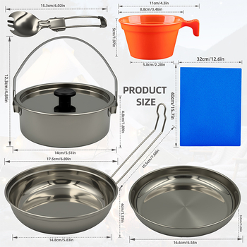 Set posuđa za kampiranje od nehrđajućeg čelika – 7-dijelni set, ultralagani, prijenosni, za 1–2 osobe, 7-u-1 dizajn