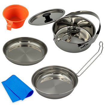 Set posuđa za kampiranje od nehrđajućeg čelika – 7-dijelni set, ultralagani, prijenosni, za 1–2 osobe, 7-u-1 dizajn