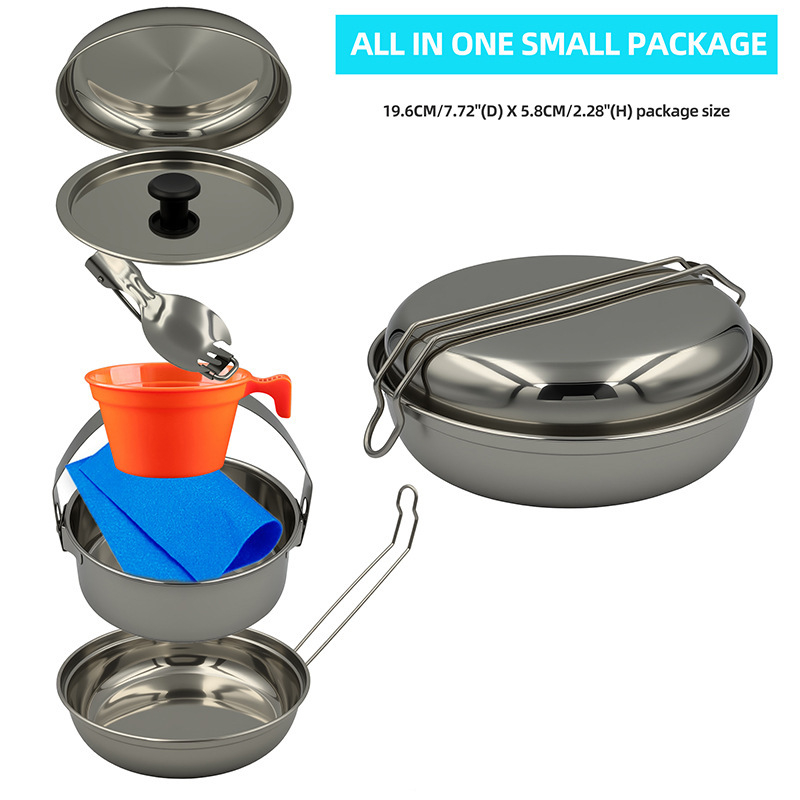 Set posuđa za kampiranje od nehrđajućeg čelika – 7-dijelni set, ultralagani, prijenosni, za 1–2 osobe, 7-u-1 dizajn