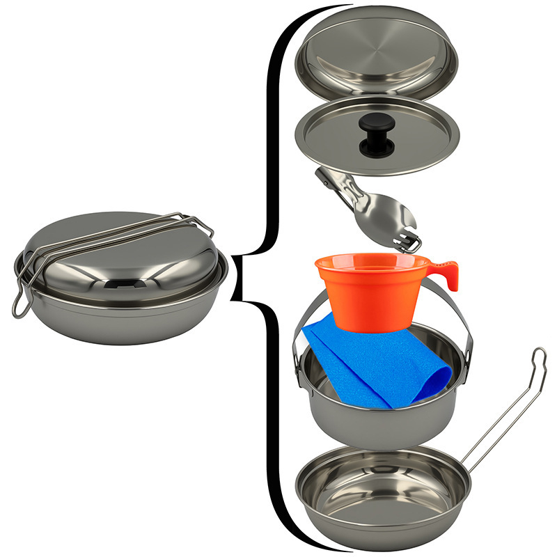 Set posuđa za kampiranje od nehrđajućeg čelika – 7-dijelni set, ultralagani, prijenosni, za 1–2 osobe, 7-u-1 dizajn