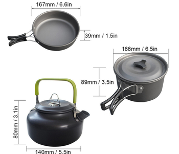 DS308-1 Kamping set posuđa: lonac i čajnik za 2–3 osobe, aluminijska legura, trodjelni vanjski set
