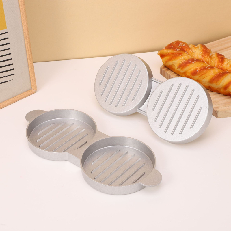 Ručni aluminijski pres za hamburger s rotacijskim mehanizmom; kalupi za mesne pljeskavice i rižine kuglice