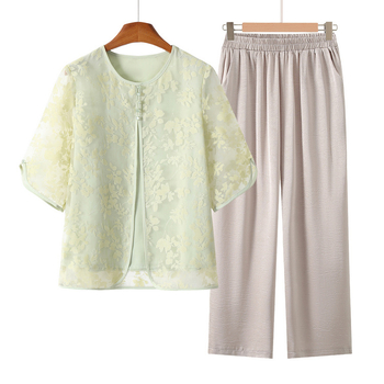 Късоръкава риза на баба, плетена лятна дреха от две части за жени на средна и по-възрастни години